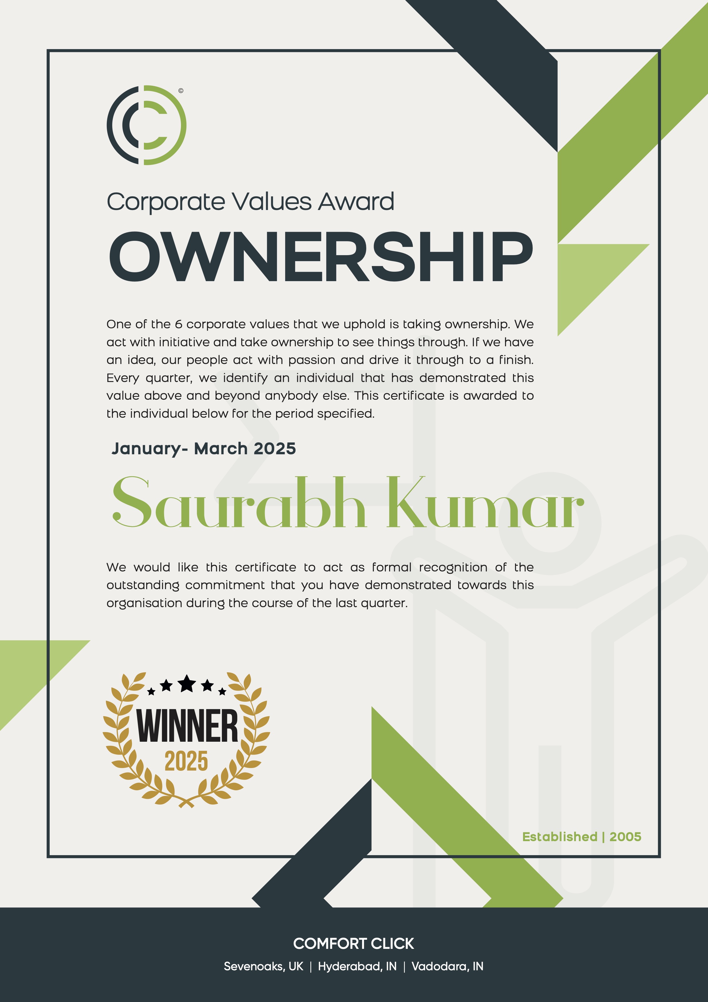 Corporate Values Award — Ownership certificate awarded to Saurabh Kumar by Comfort Click