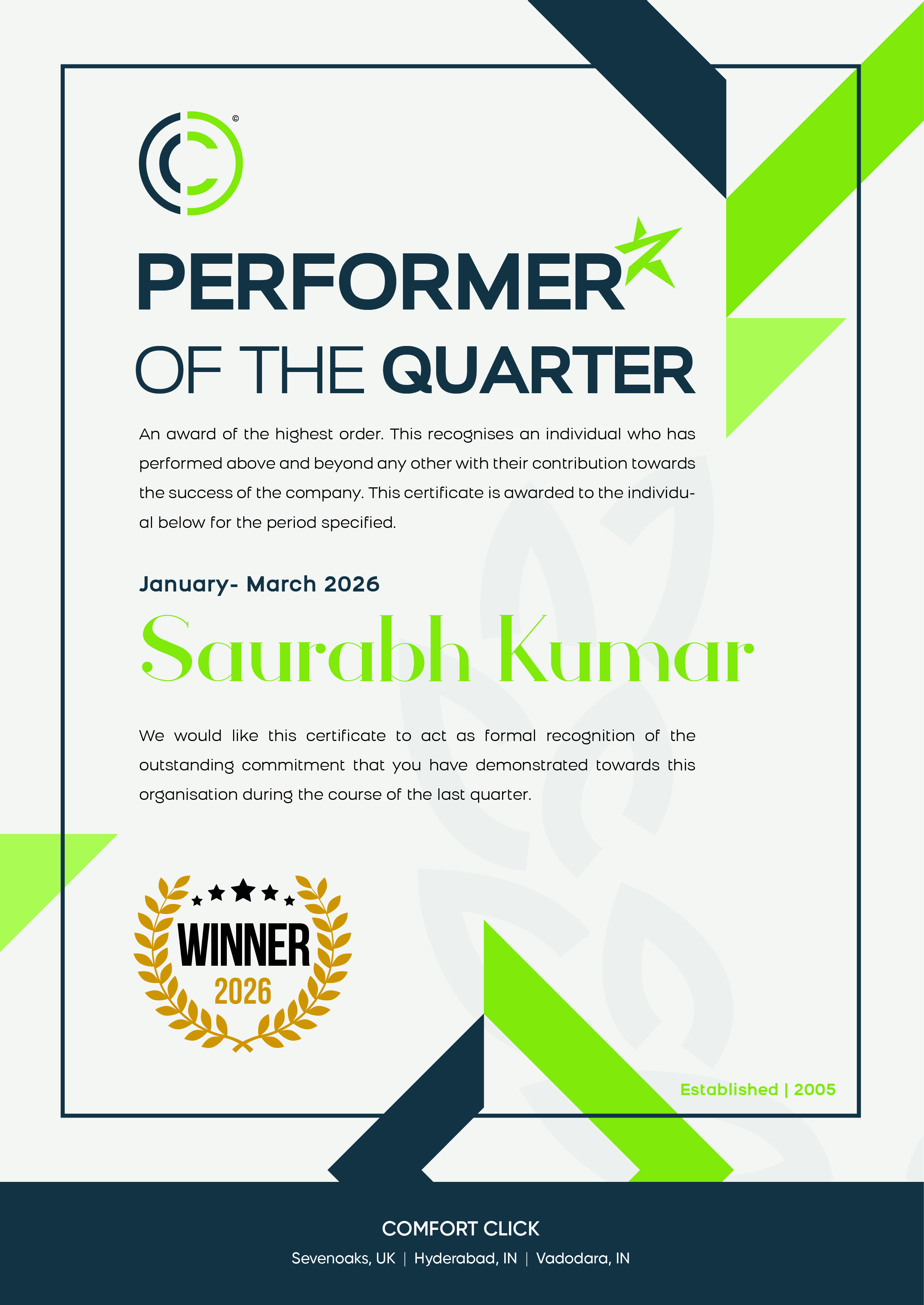 Performer of the Quarter certificate awarded to Saurabh Kumar by Comfort Click